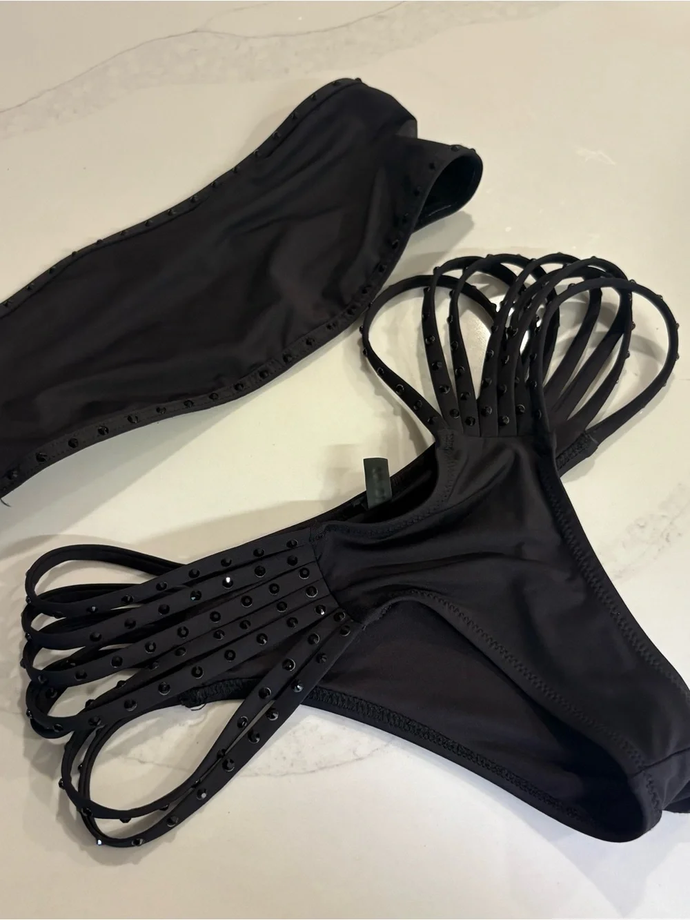 SKIMS rhinestone strappy bikini bottom and matching strapless top